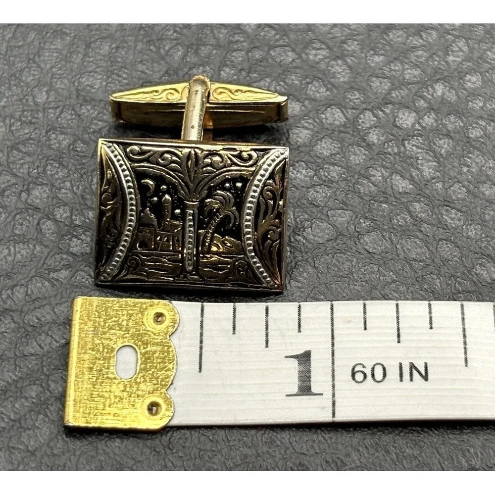 Vintage Damascene Gold Tone Ornate Rectangular Cufflinks Palace Palm Tree Moon